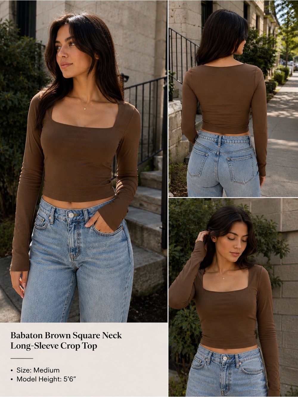 Babaton Brown Square Neck Long-Sleeve Crop Top